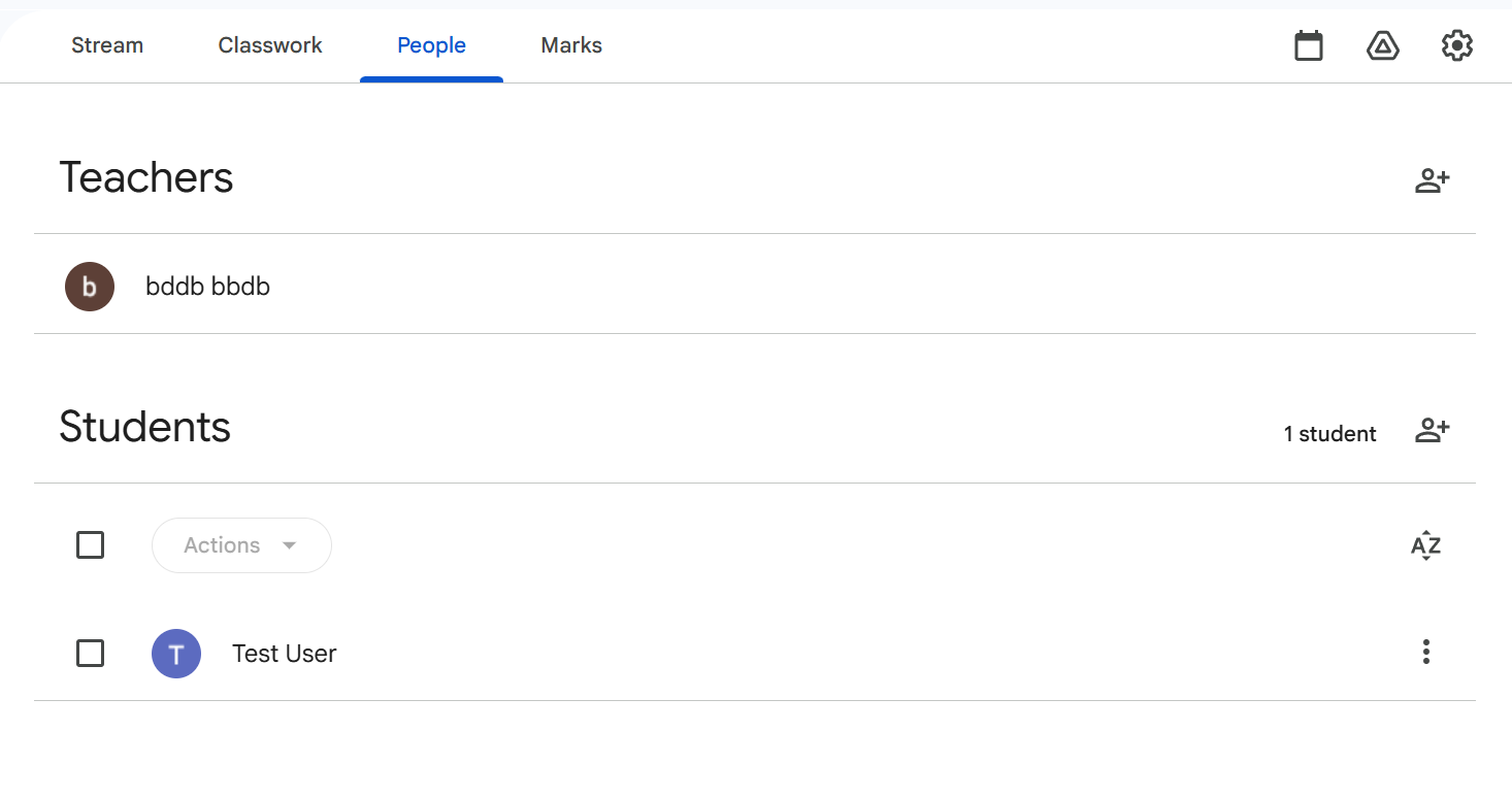 Hoppy App 畫面：對照 Google Classroom 的「People」名單和 Hoppy 的「成員」。名單配對後，Test User 會在兩邊顯示。