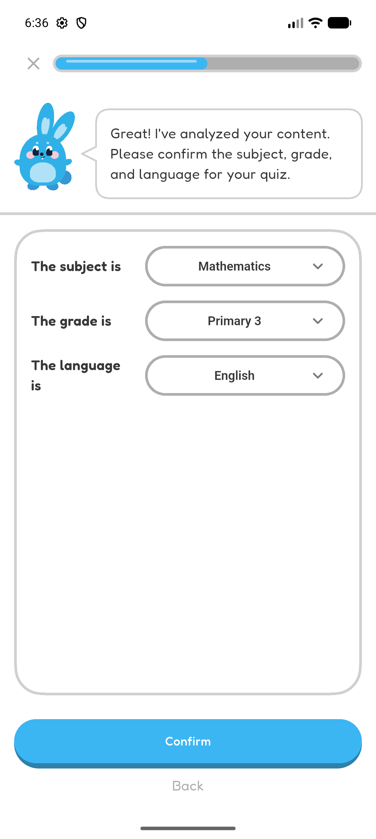 Create quiz confirmation screen showing the interface in English and English selected as the quiz language.
