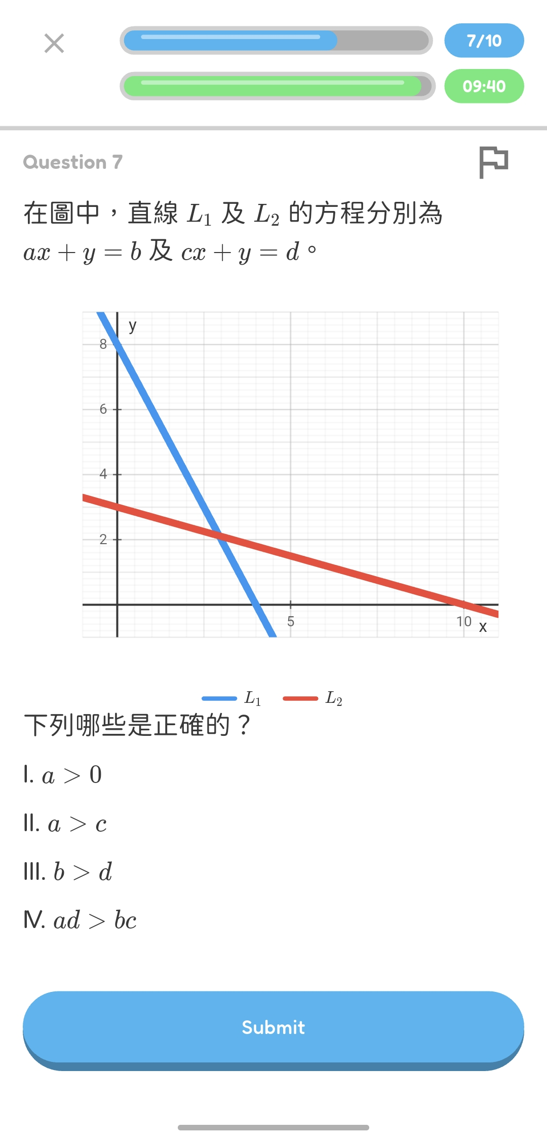 Hoppy 測驗中顯示兩條直線方程及其圖像的題目